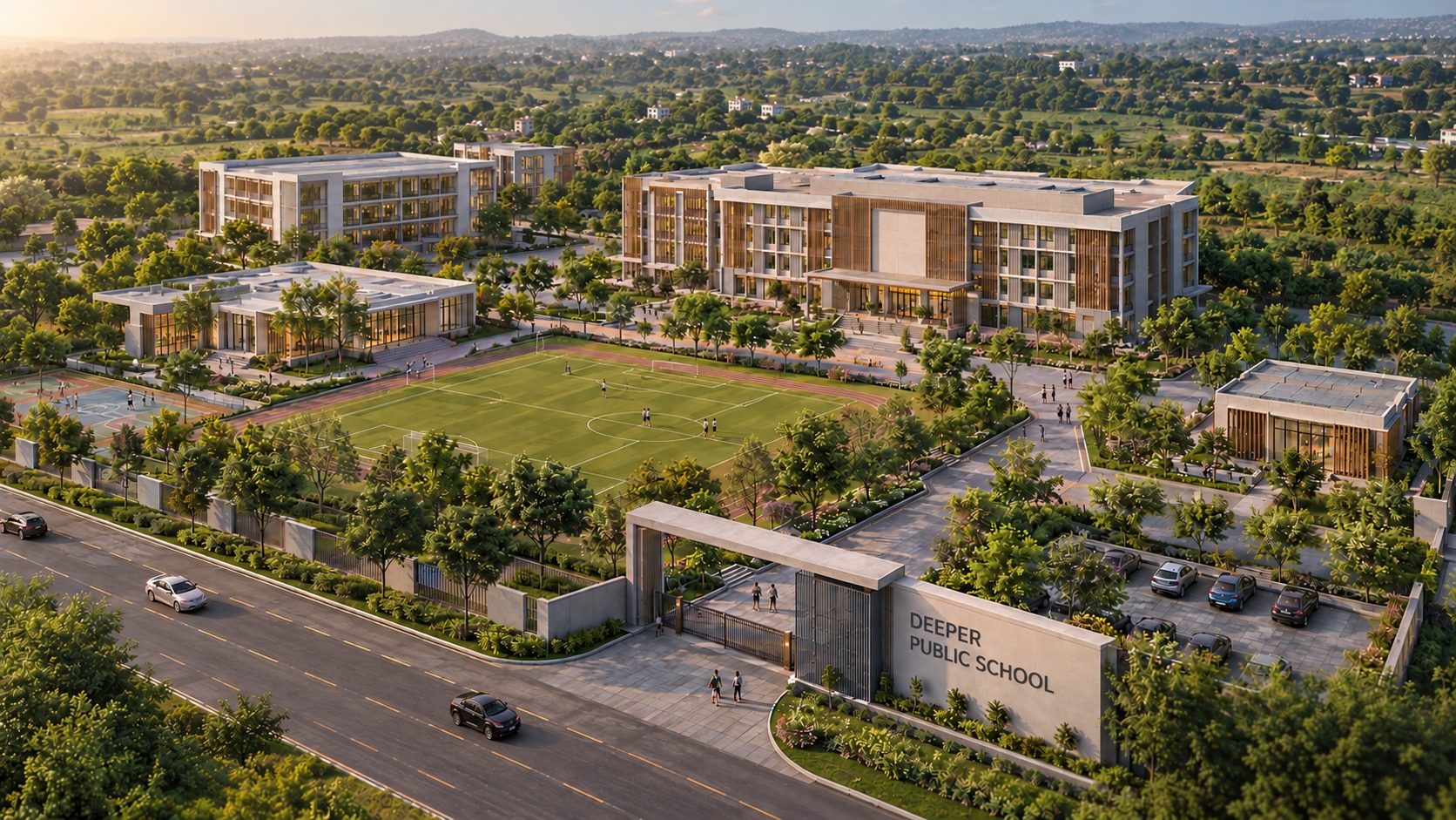 Aerial view of Deeper Public School with playing fields