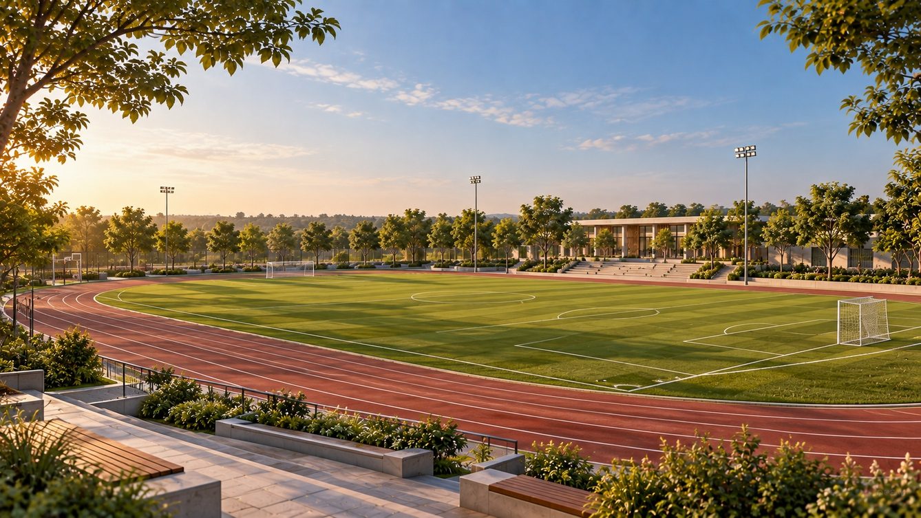 Cricket and football ground with an athletics track
